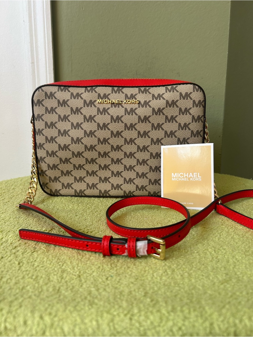 NWOT Michael Kors Tan/Taupe MK Logo Crossbody with Red Trim